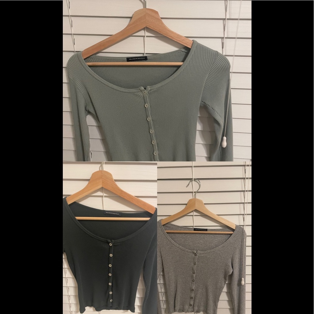 3 long sleeve zelly tops dark green light green and gray